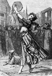 Esmeralda mit ihrer Ziege Djali, Illustration für Der Glöckner von Notre-Dame, Roman von Victor Hugo (1802-1885), Gravur nach einer Zeichnung von Gustave Brion (1824-1877), veröffentlicht von Hetzel, Paris