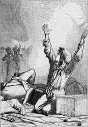 Gavroche fällt auf den Barrikaden - in „Les Misérables“ von Victor Hugo, ill. von Brion, ed. Hetzel und Lacroix