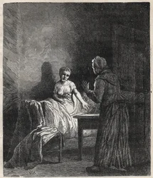 Marguerite betritt Fantines Zimmer und Fantine zeigt ihr zwei Napoleon-Münzen, die Cosette, ihre Tochter, retten können - Illustration von Gustave Brion (1824-1877) für „Die Elenden - Erster Teil: Fantine“ von Victor Hugo (1802-1885) 1862
