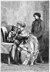 Marius und Cosette besuchen den kranken Jean Valjean - in „Les Misérables“ von Victor Hugo, ill. von Brion, ed. Hetzel und Lacroix