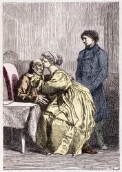Marius und Cosette besuchen den kranken Jean Valjean - in „Les Misérables“ von Victor Hugo, ill. von Brion, ed. Hetzel und Lacroix