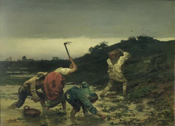 Bauern ernten Kartoffeln während der Überschwemmung des Rheins im Jahr 1852