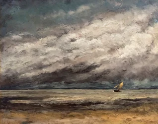 Die Küste mit einem Segelboot, das sich einem Sturm nähert, ca. 1869