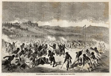 Ein Ballspiel unter den Choctaw-Indianern, einem Stamm der Region Mississippi, gezeichnet von Gustave Doré (1832-1883), zur Illustration der Reise von Baudouin Mollhausen (1825-1905) von Mississippi zum Pazifischen Ozean in den Jahren 1853-54. Gravur in „L