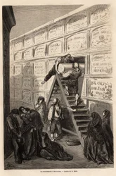 Eine Beerdigung in Barcelona, Zeichnung von Gustave Doré (1832-1883), zur Illustration seiner Reise nach Spanien mit C. Davillier im Jahr 1862. Gravur in „Le tour du monde“, herausgegeben von Edouard Charton