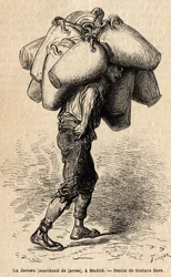 Ein Krugverkäufer, Skizze lebendig aufgenommen in Madrid. Gravur von Gustave Doré (1832-1883) zur Illustration seiner Reise nach Spanien, mit Ch. Davillier (Herausgeber), 1862, veröffentlicht in „Le tour du monde“ 1869, herausgegeben von Edouard Charton, H