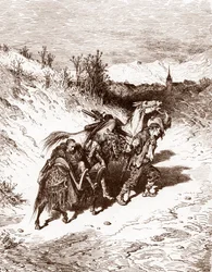 Ein Pflüger aus seinem eigenen Dorf bringt Quijote nach Hause (Gravur von Gustave Doré für „Der sinnreiche Junker Don Quijote von der Mancha“ von Miguel de Cervantes 1863)