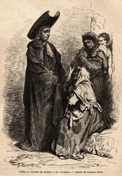 Ein Priester und eine Frau aus dem Volk, in Lumpen gekleidet; die professionellen spanischen Bettler, die sich auf den Höfen der Kirchen niederlassen, um die christliche Nächstenliebe geschickt auszunutzen. Skizze von Gustave Dore (1832-1883). Illustration