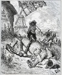 Nach dem Angriff auf die Windmühlen - „Misericorde! Sancho“ - aus „Don Quixote de la Mancha“ von Miguel Cervantes (1547-1616) - Holzschnitt nach einer Zeichnung von Gustave Doré