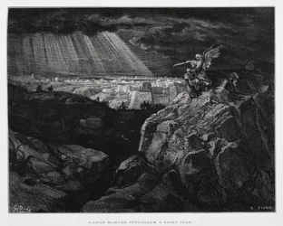 Ein Engel mit Johannes dem Täufer vor Jerusalem, Illustration aus der Dore-Bibel