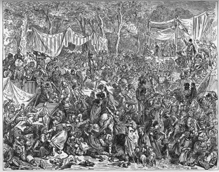 Ankunft von Don Quijote bei der Hochzeit von Camacho - aus „Don Quijote von der Mancha“ von Miguel Cervantes (1547-1616) - Holzschnitt nach einer Zeichnung von Gustave Doré