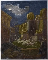 Der Fall Babylons - Babylon in Ruinen (Vision des Heiligen Johannes) - Gravur in „Die illustrierte Bibel“ von Gustave Doré (1832-1883)