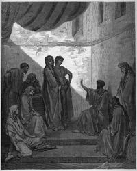 Taufe des Cornelius der Zenturio - Cornelius der Zenturio empfängt den Glauben an Jesus Christus und wird von St. Peter getauft. - Gravur in „Die illustrierte Bibel“ von Gustave Doré - Gravur aus „Die Doré-Bibel“