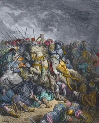 Schlacht von Arsuf - Richard I. Löwenherz (1157-1199), König von England, nimmt am 3. Kreuzzug teil - Richard Löwenherz in der Schlacht von Arsuf (1191), Dritter Kreuzzug, gestochen von Gustave Doré - aus Joseph-François Michauds Geschichte der Kreuzzüge