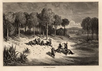 Orangenschlacht von Carcagente, Zeichnung von Gustave Doré (1832-1883), zur Illustration seiner Reise nach Spanien mit C. Davillier im Jahr 1862. Gravur in „Le tour du monde“, herausgegeben von Edouard Charton