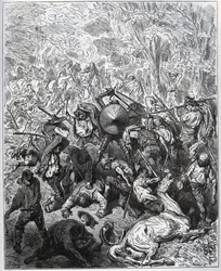 Kampf mit Maultiermachern - Die Yangois benutzten ihre Keulen - aus „Don Quijote von der Mancha“ von Miguel Cervantes (1547-1616) - Holzschnitt nach einer Zeichnung von Gustave Doré