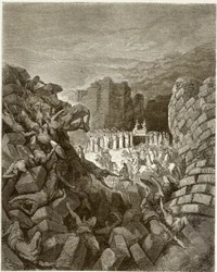 Bibel: Der Fall der Mauern von Jericho. Gravur von Gustave Doré, um 1860.