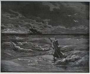 Gefangenen-Geschichte. Aagi-Morato, der Vater von Zoraide, ist am Ufer von „Don Quijote de la Mancha“ von Miguel Cervantes (1547-1616) (Don Quijote) - Holzschnitt nach einer Zeichnung von Gustave Doré