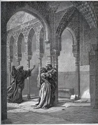 Gefangenen-Geschichte. Erstes Treffen des Gefangenen mit Zoraide im Garten ihres Vaters - aus „Don Quijote de la Mancha“ von Miguel Cervantes (1547-1616) - Holzschnitt nach einer Zeichnung von Gustave Doré