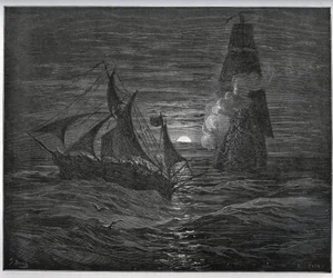 Gefangenen-Geschichte. Das spanische Fluchtboot wird von einem französischen Schiff angegriffen aus „Don Quijote de la Mancha“ von Miguel Cervantes (1547-1616) (Don Quijote) - Holzschnitt nach einer Zeichnung von Gustave Doré