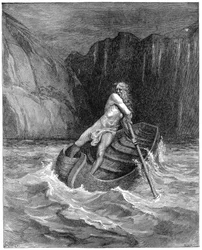 Der Fährmann Charon rudert los, um Dante und Vergil abzuholen und sie über den Styx zu bringen, 1861
