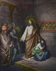 „Christus und die Ehebrecherin“ Illustration von Gustave Doré (1832-1883) - Jesus und die Ehebrecherin - Gravur von Gustave Doré - spätere Kolorierung