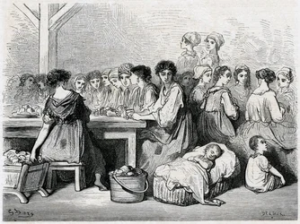 Zigarrenarbeiterinnen von Sevilla. Herstellung von Zigarren, Arbeiter, Tabak. Zeichnung von Gustave Doré zur Illustration des „Voyage en Espagne“ von Charles Davillier