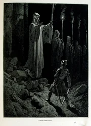 Croque-Mitaine; Illustration von 1863, von Gustave Doré (1832–1883); französischer Künstler, Druckgrafiker, Illustrator. Croque-Mitaine (Der Bögemann) ein bösartiger Charakter, der Kindern vorgestellt wird, um sie zu erschrecken und sie so weiser zu machen