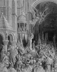 Dandolo predigt den Kreuzzug in der Kirche von St. Markus in Venedig - Gravur von Gustave Doré