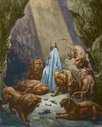 Daniel in der Löwengrube - Holzstich von Gustave Doré - spätere Kolorierung.