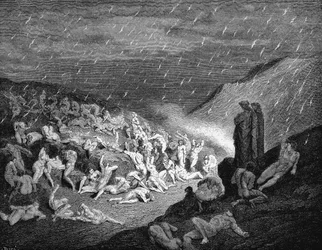 Dante Alighieri Inferno, erster Teil seiner Divina Commedia (Göttliche Komödie) 1863. Canto XIV: Drittes Fach des siebten Kreises, wo drei Arten von Gewalt bestraft werden: gegen Gott, gegen die Natur und gegen die Kunst. 