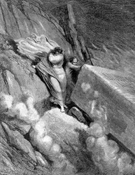 Dante und Virgil am Rand des Abgrunds, aus dem ein übler Geruch aufstieg, 1863