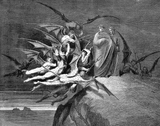 Dante und Virgil von Dämonen bedrängt auf ihrem Weg durch den achten Kreis. Illustration (1861) von Gustave Doré für Dantes Inferno, Canto XXI. Holzstich