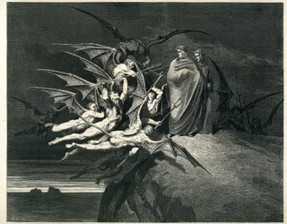 Dante und Virgil begegnen den Dämonen. Stich aus Die Hölle von Dante Alighieri (Die Göttliche Komödie) illustriert von Gustave Doré. Französische Ausgabe von 1861. „... Nessun di voi sia fello! (Keiner von euch sei rebellisch!)“, Gesang 21, V. 72.