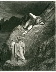 Dante und Virgil treffen den Minotaurus. Gravur aus Die Hölle von Dante Alighieri (Die Göttliche Komödie) illustriert von Gustave Doré. Französische Ausgabe von 1861. „E in su la punta della rotta lacca/L