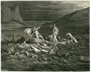 Dante und Virgil segeln, geführt von Nocher Phlegyas, auf dem Styx, in dem Verdammte waten, die versuchen, ins Boot zu steigen. Gravur aus Die Hölle von Dante Alighieri (Die Göttliche Komödie) illustriert von Gustave Doré. Französische Ausgabe von 1861.