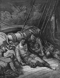 Debatte zwischen den beiden verwandten Geistern des Geistes des Südpols darüber, ob der Seefahrer genug für die Tötung des Albatros gebüßt hat, Szene aus „Der alte Seefahrer“ von S. T. Coleridge, veröffentlicht von Harper & Brothers, New York