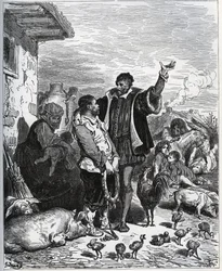 Don Quijote überzeugt seinen Nachbarn Sancho Panza, sein Knappe zu sein - aus "Don Quijote von der Mancha" von Miguel Cervantes