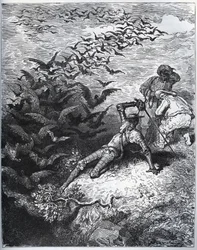 Don Quijote in der Höhle von Montesinos - Eine unendliche Anzahl von Krähen und Raben fliegt aus der Höhle und wirft Don Quijote zu Boden (II, 22) - aus „Don Quijote de la Mancha“ von Miguel Cervantes - Holzschnitt nach einer Zeichnung