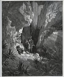 Don Quixote und Sancho Panza finden die Sachen eines Reisenden - aus „Don Quixote de la Mancha“ von Miguel Cervantes (1547-1616) - Holzschnitt nach einer Zeichnung von Gustave Doré