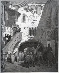 Don Quijote und Sancho Panza, eingeladen von Don Diego de Miranda zu Hause, werden von der Frau und dem Sohn des Gentlemans begrüßt - aus „Don Quijote von der Mancha“ von Miguel Cervantes (1547-1616) - Holzschnitt nach einer Zeichnung von Gustave Doré