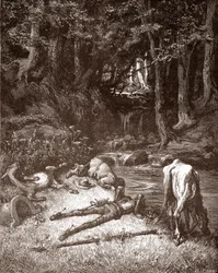 Don Quijote und Sancho Panza erfrischen sich an einem Bach, Gravur von Gustave Doré für 
