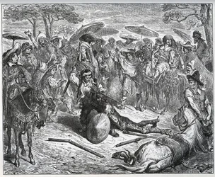 Don Quijote wird inmitten einer Gruppe von Kaufleuten geschlagen - Der Maultiermacher hatte Gefallen am Spiel gefunden - aus "Don Quijote von der Mancha" von Miguel Cervantes