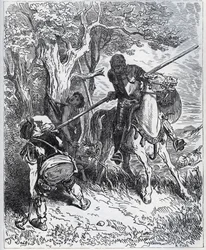 Don Quijote ergreift Partei für den jungen Diener - „Bei der Sonne, die uns erleuchtet, ich weiß nicht, wer mich davon abhält, meine Klinge durch den Körper zu stechen“ - aus „Don Quijote de la Mancha“ von Miguel Cervantes (1547-1616) (Don Quijote) - Holzs