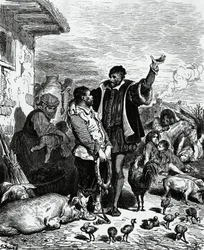 Don Quijote nimmt Sancho Panza aus seinem Haus und ernennt ihn zum Gouverneur, Illustration von Gustave Doré (1832-1883) für die Ausgabe von 1880 von Don Quijote von Miguel de Cervantes Saavedra (1547-1616)
