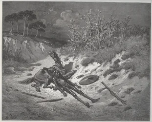 Don Quixote verwundet, fleht um Gnade und Hilfe der Figuren seiner Fantasie - aus „Don Quixote de la Mancha“ von Miguel Cervantes (1547-1616) - Holzschnitt nach einer Zeichnung von Gustave Dore
