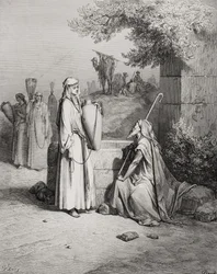 Eliezer und Rebekka, Genesis 24:15-21, Illustration aus Dores 