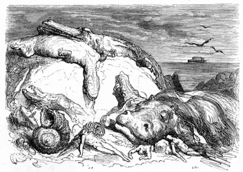 Stich von Gustave Doré um 1850: Evokation einer apokalyptischen Sintflut, die biblische Tradition (man sieht in der Ferne die Arche Noah auf dem Meer) und den Beginn wissenschaftlicher Erkenntnisse kombiniert (verschiedene monströse Tiere sind auf dem Berg