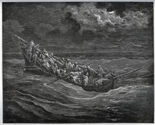 Flucht von Zoraide mit dem Gefangenen im Boot voller Flüchtlinge von Algier nach Spanien - aus „Don Quixote de la Mancha“ von Miguel Cervantes (1547-1616) - Holzschnitt nach einer Zeichnung von Gustave Doré