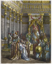 Esther fällt vor dem König von Persien Assuerus I. (Xerxes I.) in Ohnmacht - Königin Esther fällt vor König Ahasverus in Ohnmacht - Gravur in „The Bible illustree“ von Gustave Doré (1832-1883) - Gravur aus „The Doré Bible“